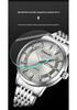 Men's Automatic Skeleton Watch with Steel Strap, Faux Mechanical Design, Calendar, Waterproof Features, Quartz Movement.
