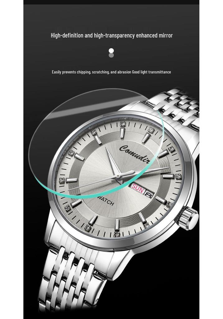 Men's Automatic Skeleton Watch with Steel Strap, Faux Mechanical Design, Calendar, Waterproof Features, Quartz Movement.