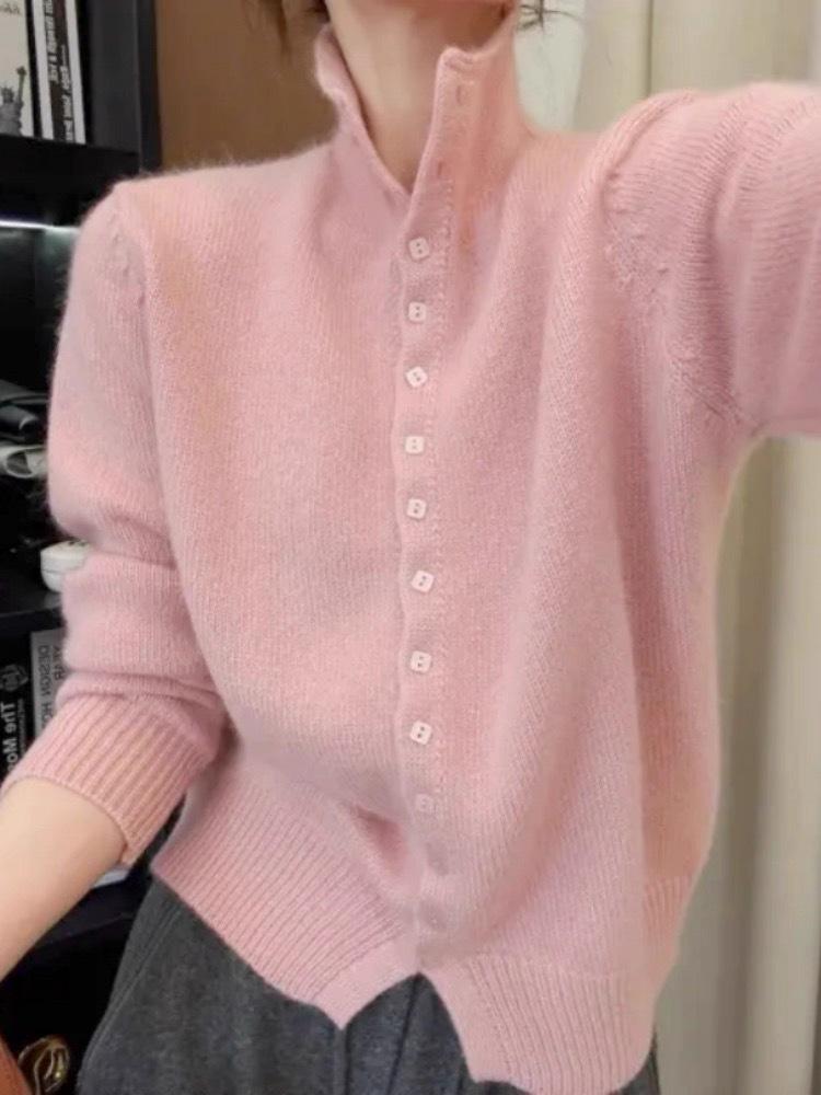 Elegant 100% Wool Stand Collar Sweater Cardigan for Women - Chic and Casual Niche Style