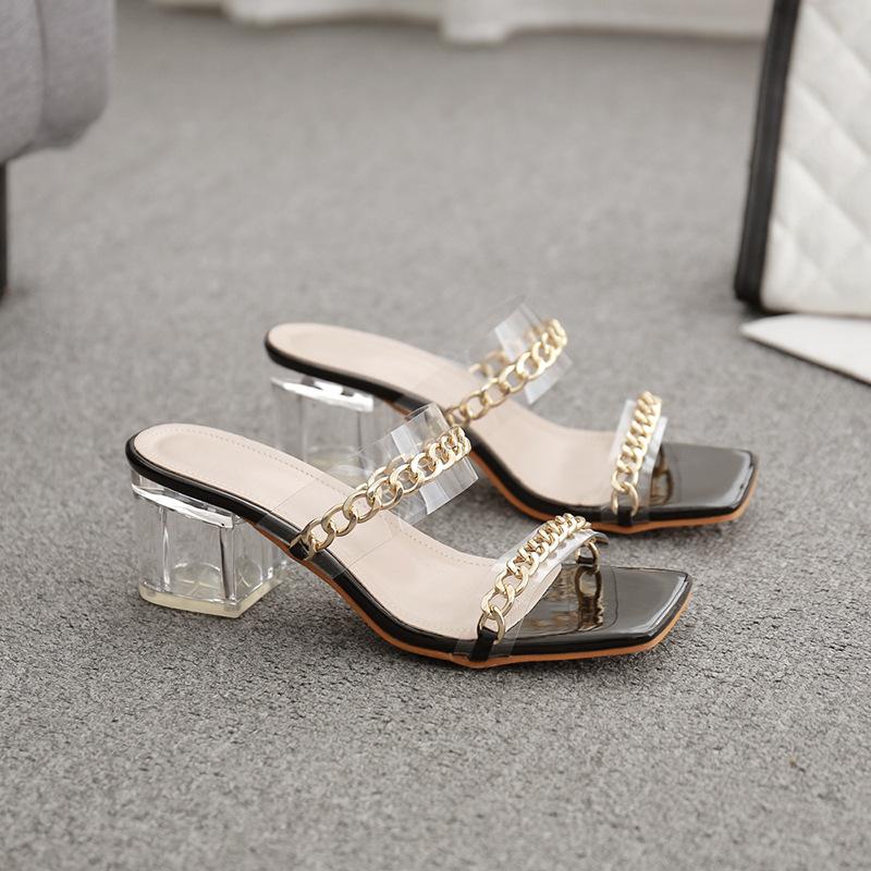 

Модные босоножки на высоком прозрачном каблуке, женские прозрачные тапочки, туфли с металлическими цепями, женские двухполосные шлепанцы, женские босоножки с золотыми/серебряными цепями 6 чёрный