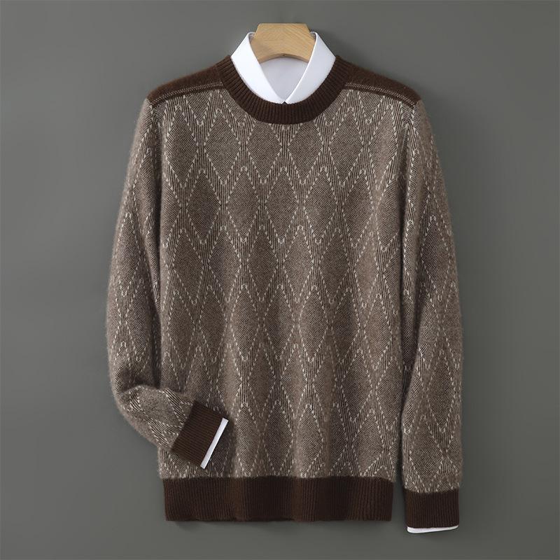 Men s Pure Wool Diamond Pattern Round Neck Loose Knit Sweater - Autumn/Winter Pullover M