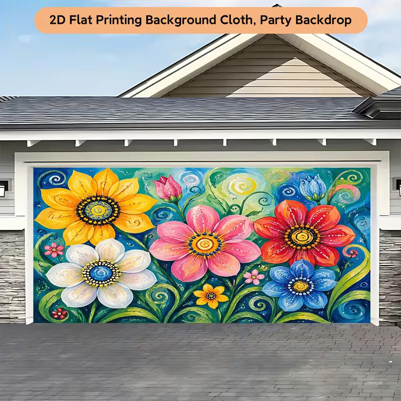 2D Bright Sunflower & Mixed Flowers Backdrop Folk Art Style Photo Background