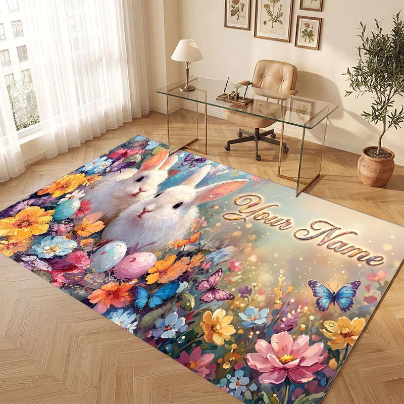 Floral Garden Theme Crystal Velvet Floor Rug Personalized Custom Name Text Warm Carpet Home Decoration