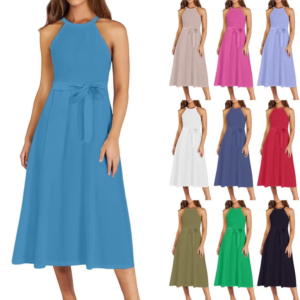 Women's Casual  Round Neck Midi Dress Basic Classic Outdoor Everyday Sleeveless Loose Boho Tie Dress  Summer Beach Sundress