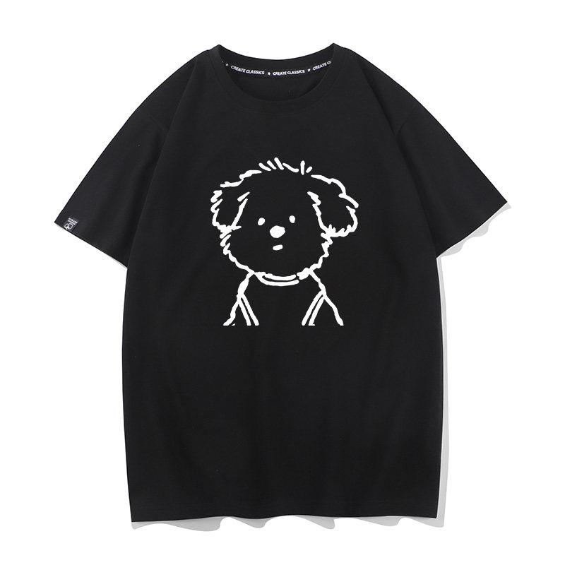 Cute And Simple Puppy Print Ins Loose Couple Short Sleeved Tshirt Trendy White Versatile Unisexs And Unisexs Half Sleeves