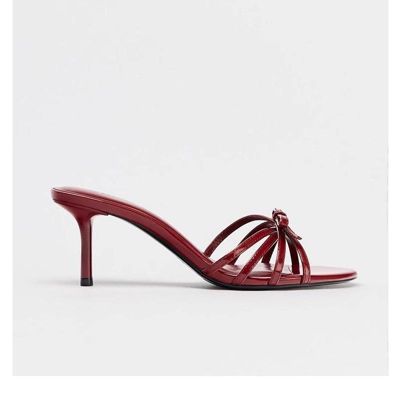 Summer New Fashion Butterfly Knot High Heel Sandals Sexy Red Patent Leather High Heel Slippers Open Toe Thin Heel Pumps Shoes