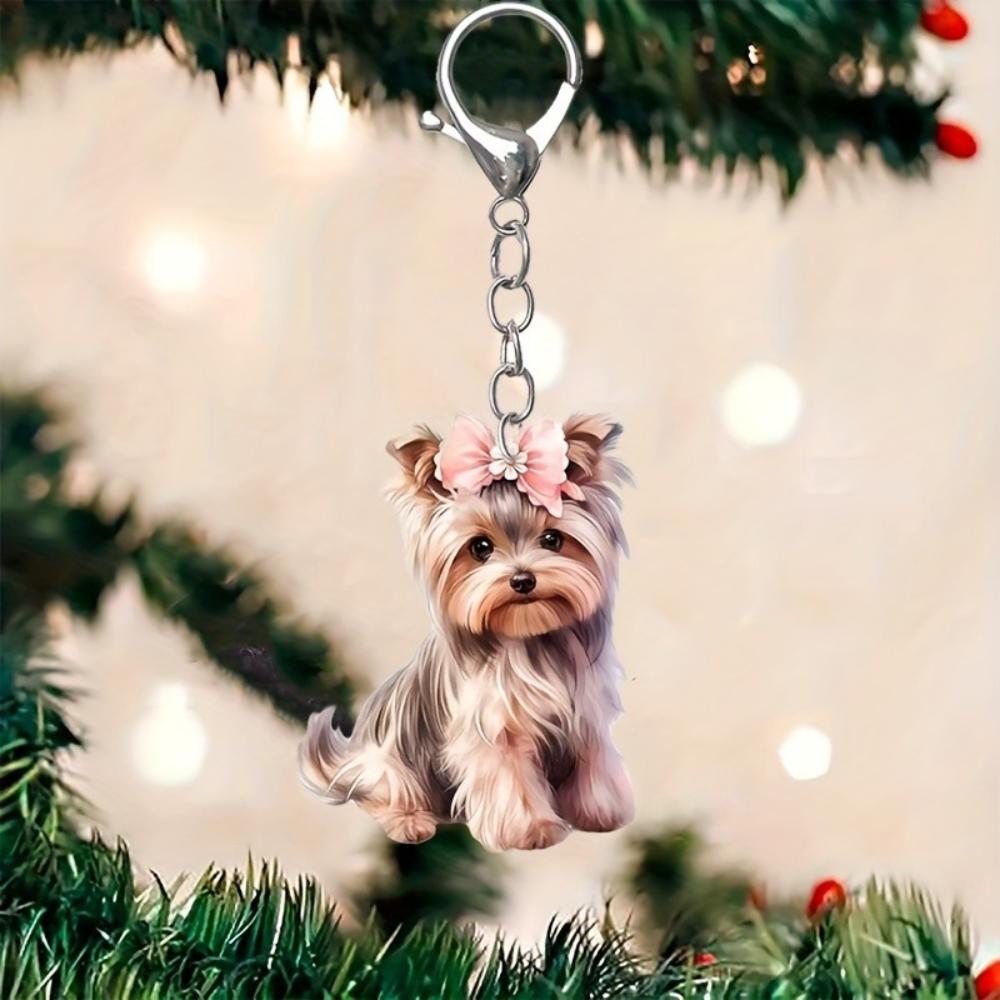 Akryl flat 2D søt Yorkshire Terrier nøkkelring anheng for bilnøkler, ryggsekker og gaver, juleanheng