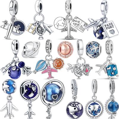 925 Prata Esterlina Azul Terra Aeronave Viagem Global Cartão Postal Globo DIY Contas Fit Original Charms Pulseira Jóias Finas