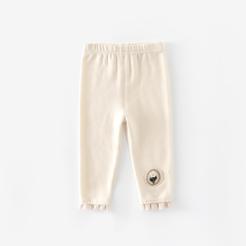 Autumn 2025 Girls' Leggings: Flower Applique, Lace Trim, Solid Color for Babies and Children