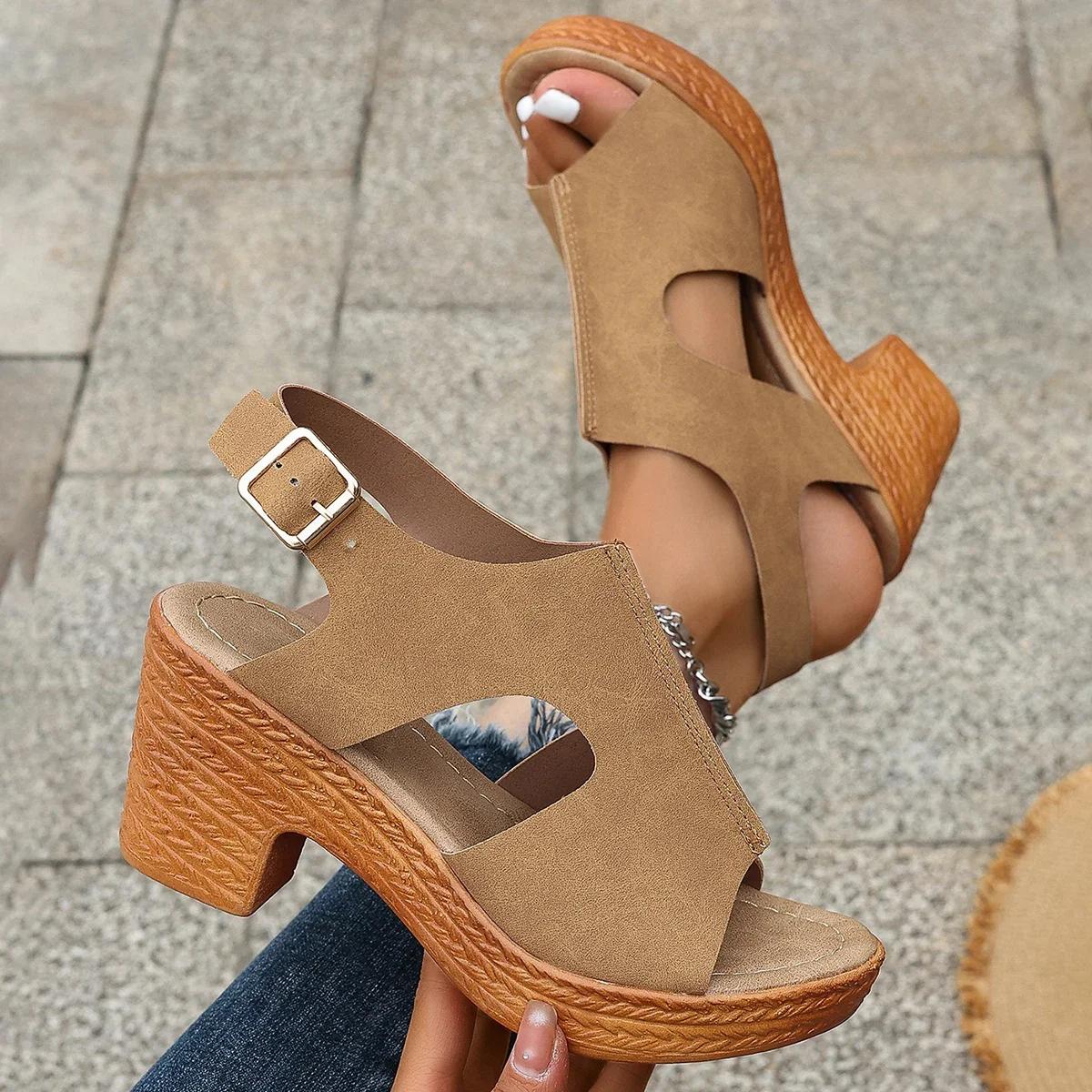 

Snake Pattern High Heels Sandals for Women Summer Thick Heeled Platform Sandals Woman Peep Toe Buckle Strap Gladiator Shoes 35EU/CN36 коричневый