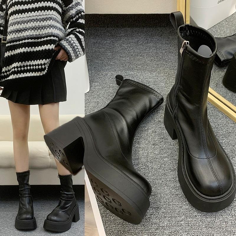 Platform Block Heel Single Boots Women'S Fashion Round Toe Side Zipper Anti-Slip Wear-Resistant Mid-Cylinder Skinny Boots