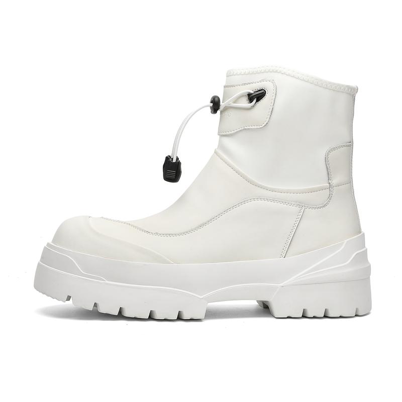 Winter Windproof Cotton Rain Boots Men Warm Ankle Fashion Black High-top Men Leather Big Head Platform Heightening Black Casual