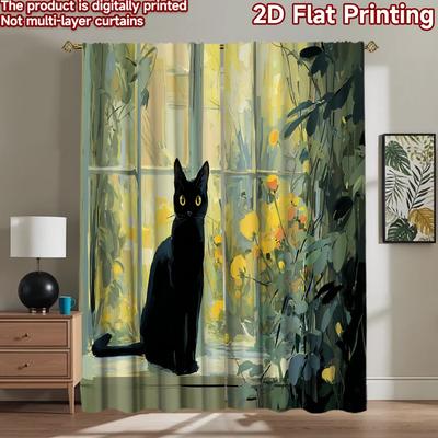 2D Flat Printing 2pcs Party Window Curtains Black Cat Flowers Digital Printed Polyester Drapes Birthday Party Perfect for Living