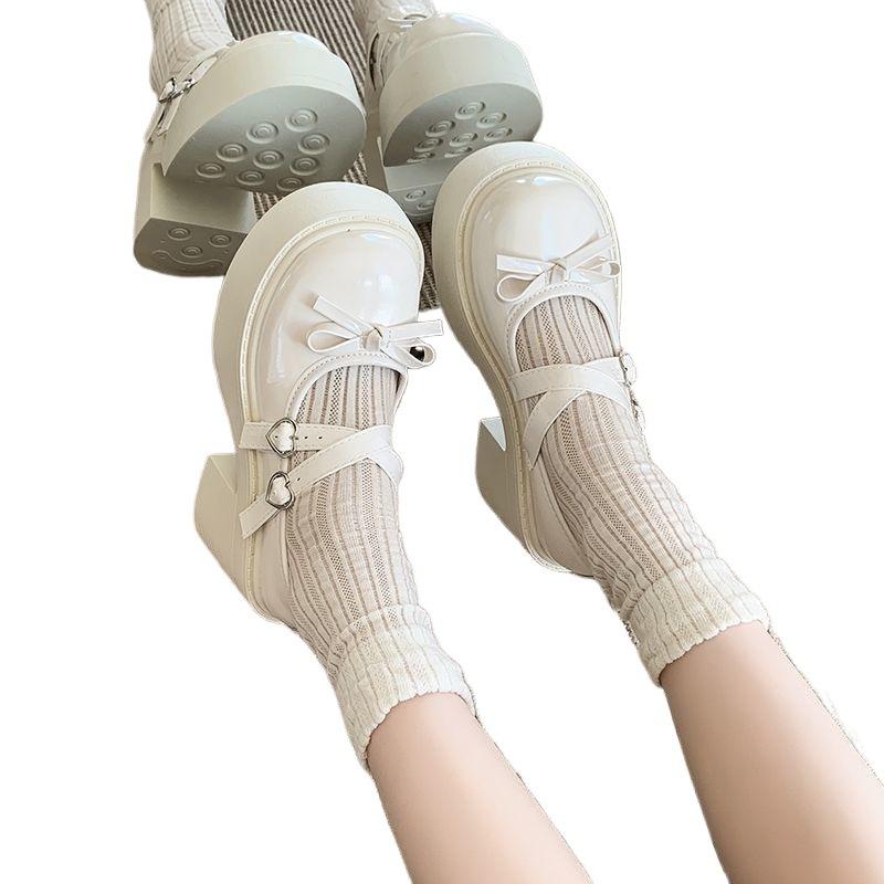 Bow Thick High-heeled Small Leather Shoes Women's 2025 Autumn New Japanese Heightening French Versatile Mary Jane Single Shoes