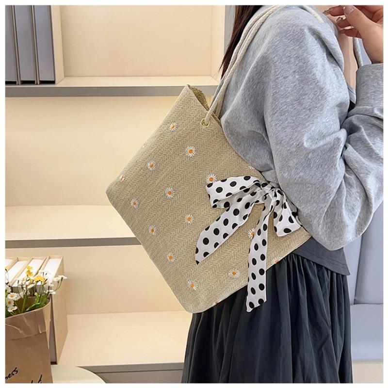 2026 New Straw Bag with Silk Scarf Single Shoulder Handbag Large Capacity Simple Tote Bag for Women Trendy Vacation Beach Bag