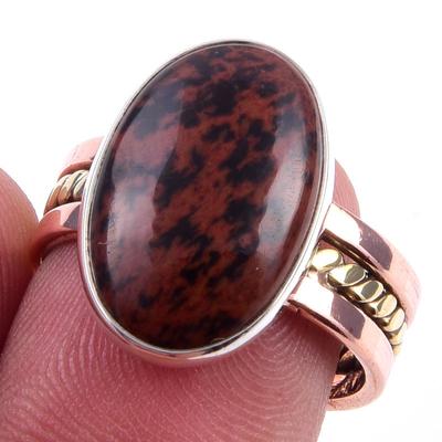 Pierre Précieuse Obsidienne Acajou Naturelle Bague Bicolore en Argent Sterling 925 T.7.5 n7e99
