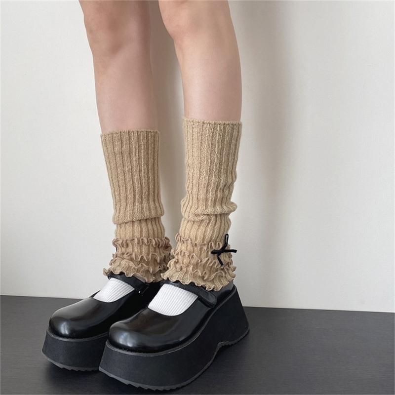 Ribbed Knit Boot Cuffs Footless Socks with Elegant Bows Designs for Women Layered Ruffle Edge Leg Warmers Streetwear