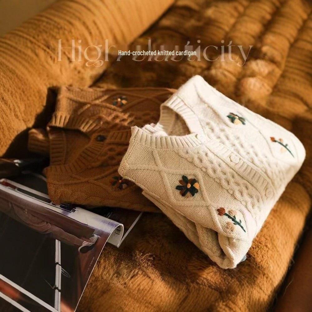 Women's Retro Embroidered Knit Cardigan Sweater Coat - Autumn/Winter 2026 Loose Top