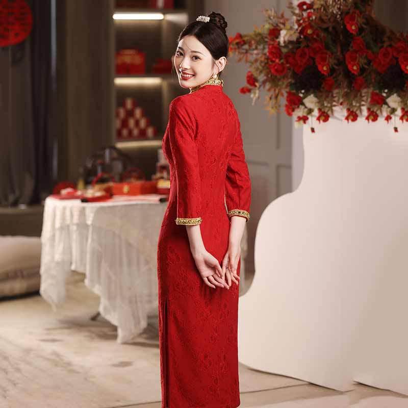 Elegant Red Modern Cheongsam Dress Women Long Sleeve High Neck Vintage Style Wedding Guest Outfit