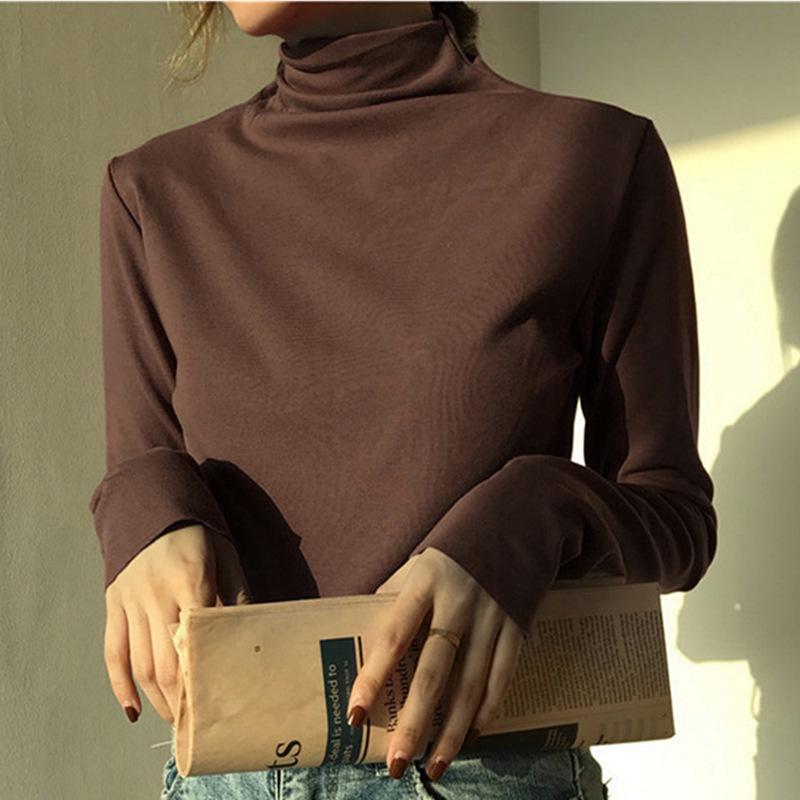 Women's Slim Fit Fleece High Neck T-Shirt - Korean Style Casual Long Sleeve Warm Top for Autumn and Winter 2025