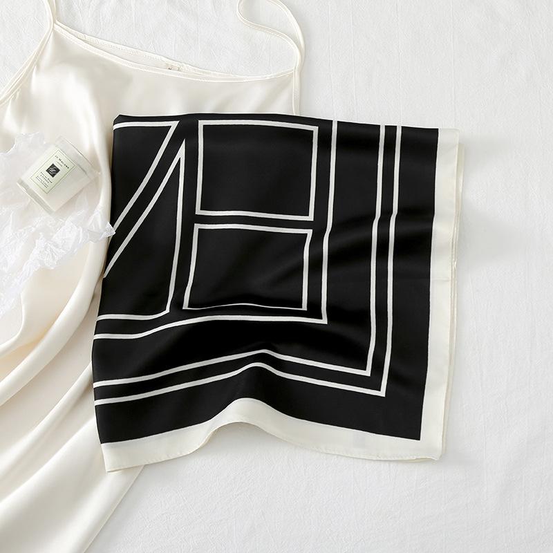 New twill silk niche simple style, classic black and white geometric printing simulation silk square towel sun protection decoration women
