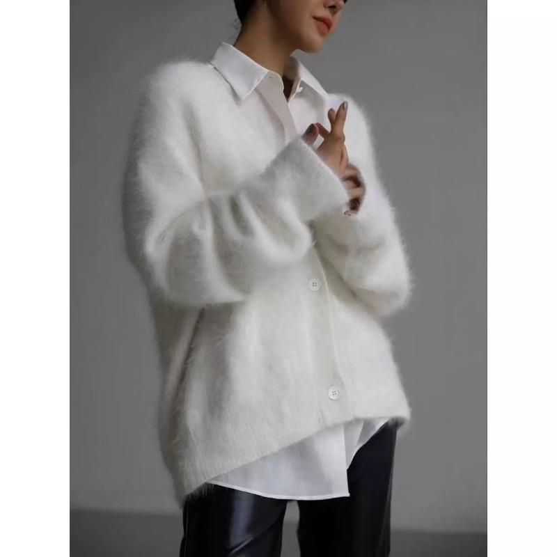 

Autumn and winter comfortable loose V-neck knitted cardigan, gray temperament elegant ladies sweater jacket 78105# one size fits all