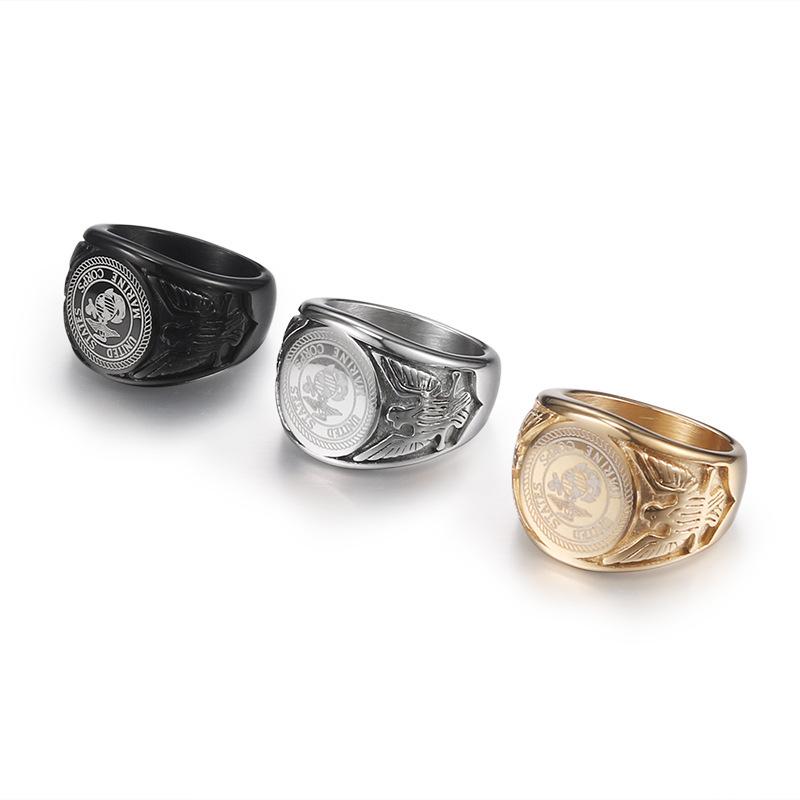 2026 European Soldier Badge Titanium Steel Ring, Marine Corps Personalized Golden Eagle Ring Men