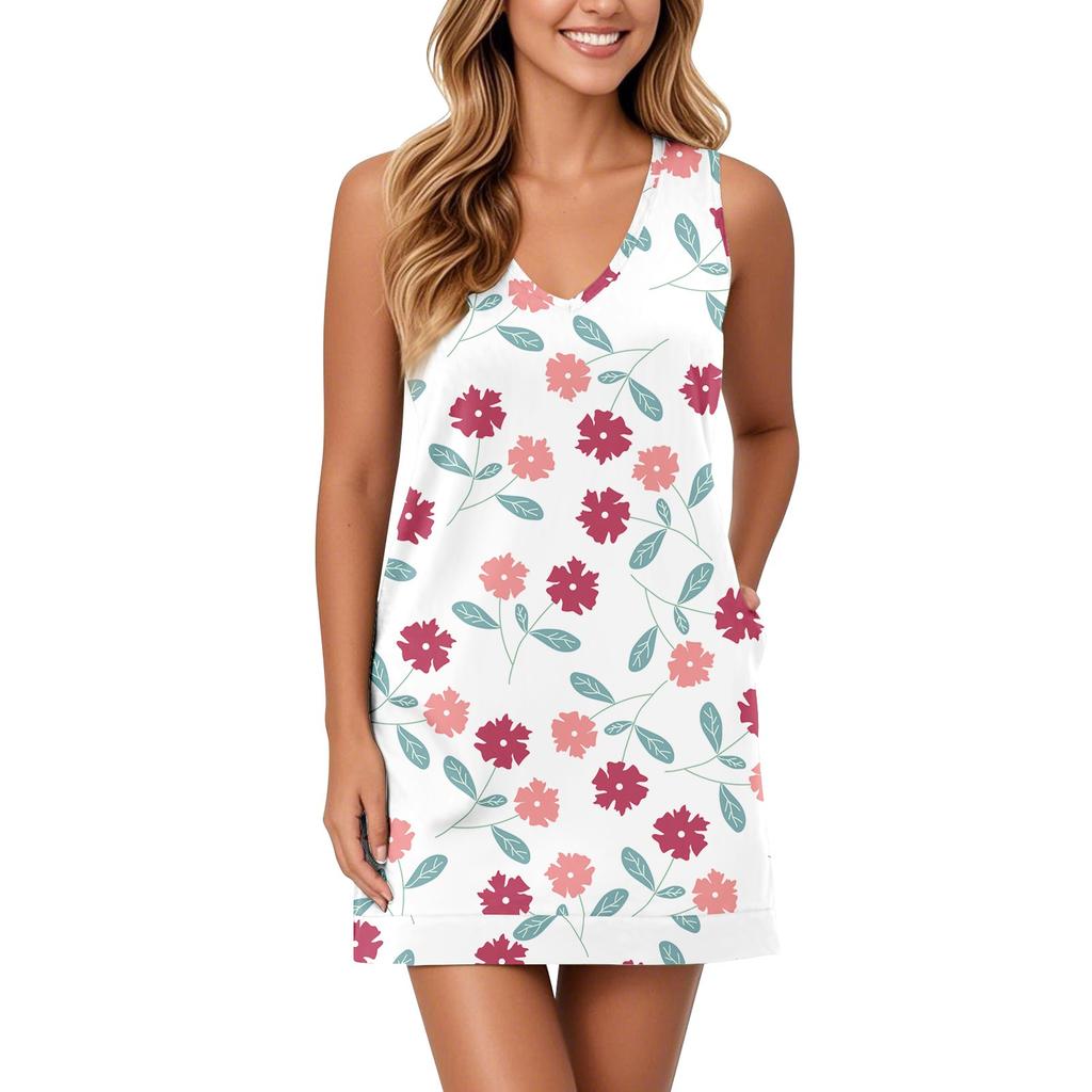 Soft V-Neck Tank Dress For Women Sleeveless Sundress Casual Relaxed Summer Dress With Pocket