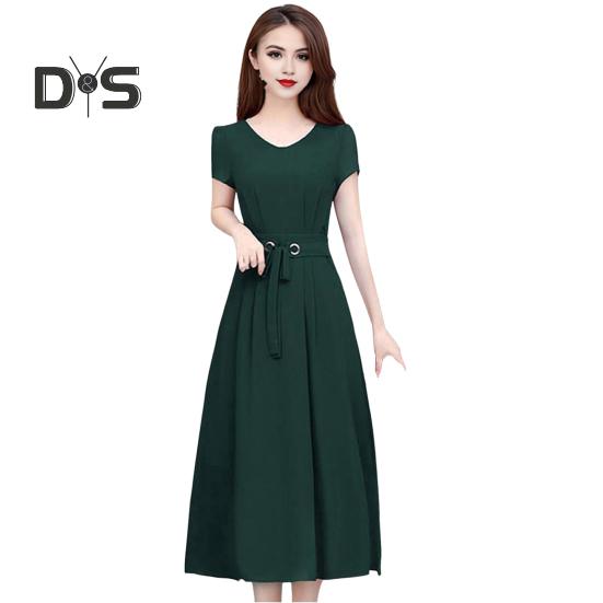 Summer Lady Dress Round Neck A-line Short Sleeves Slim Waist Plus Size Pure Color Slim Fit Mid-calf Length OL Commute Midi Dress