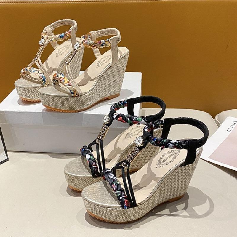 Damen Übergröße Colorblock Gewebte Peep-Toe Plateau-Sandalen, Klobiger Absatz Lässige Sommerschuhe