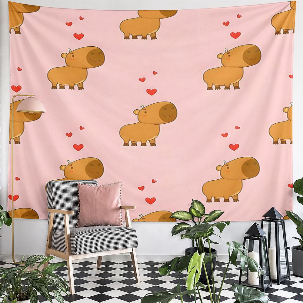 Cute Capybara and Hearts Pattern Pattern Wall Hanging Tapestry Decorative Tapestry Home Decor for Bedroom and Living Room