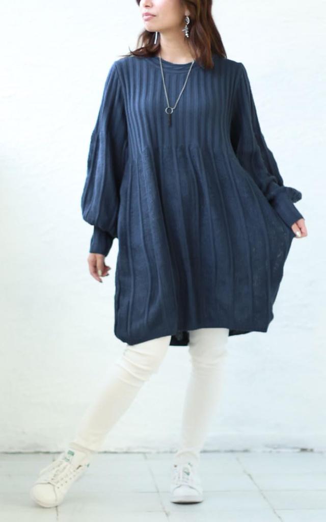 Guld Japan Plus Size Varm Lös Ballongärm Stickad Tunikaklänning Dam (F(LL-3L), Blå)