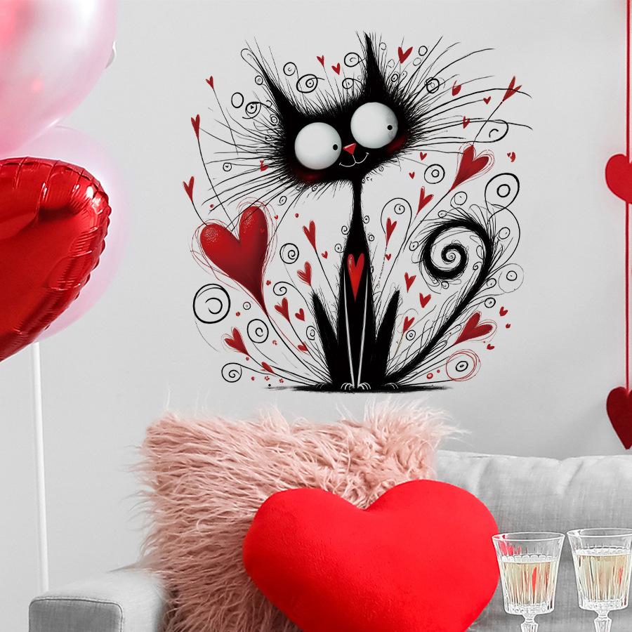Funny Creative Fluffy Black Cat with Heart Valentine‘s Day Wall Stickers, Hand-drawn Style Self-Adhesive Decor for Home Decoration