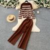 Autumn Winter Women Casual Striped Knitted Sweater Trouser Two Piece Set Full Sleeve Pullover Tops and Wide Leg Pant Tracksuit