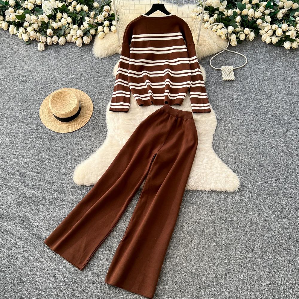 Autumn Winter Women Casual Striped Knitted Sweater Trouser Two Piece Set Full Sleeve Pullover Tops and Wide Leg Pant Tracksuit