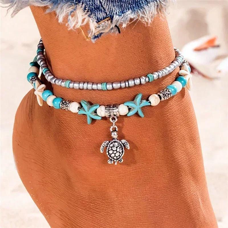Blue Turtle Ankle Chain Women Multi Layer Beaded Handmade Beach Ankle Bracelet Set Bohemian Foot Jewelry