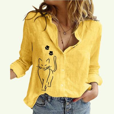 Damen Revers Hals Mode Shirt Frühling & Herbst Baumwolle Leinen Top Casual Print Blusen