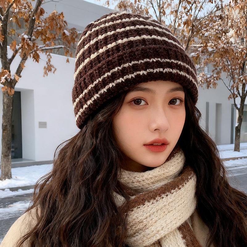Japanese Striped Color blocked Woolen Hat for Women Fashionable and Simple Ear Protection Knitted Hat  Versatile Couple  Baotou Cold Hat Men's Trendy