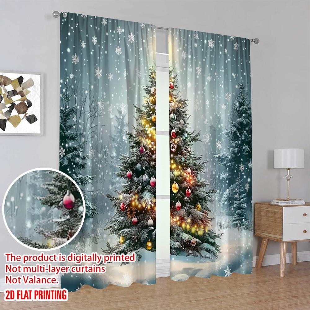 Set Of 2 Plane Printing Curtains Digital Printed Christmas Tree Snowfall Festive Durable Polyester Fabric Without Rod Curtain