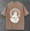 Mens Gothic Madonna Halo Graphic T Shirt Washed Brown Y2K Streetwear S-3XL
