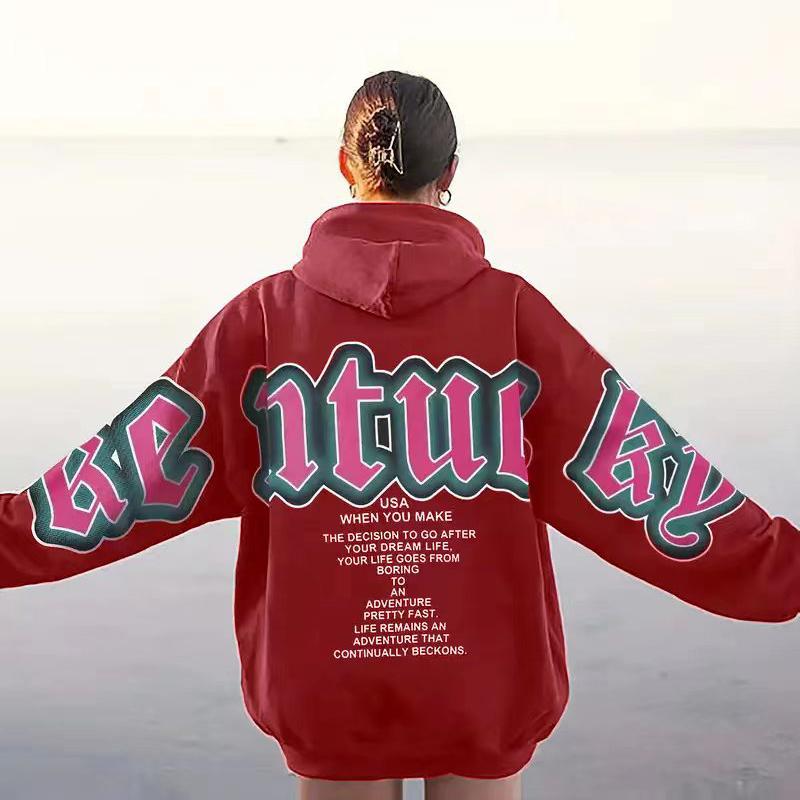 

Алфавит Американский Винтаж Письмо Печатный Капюшон Свободный Длинный Рукав Толстовка Женская XXL вино красного