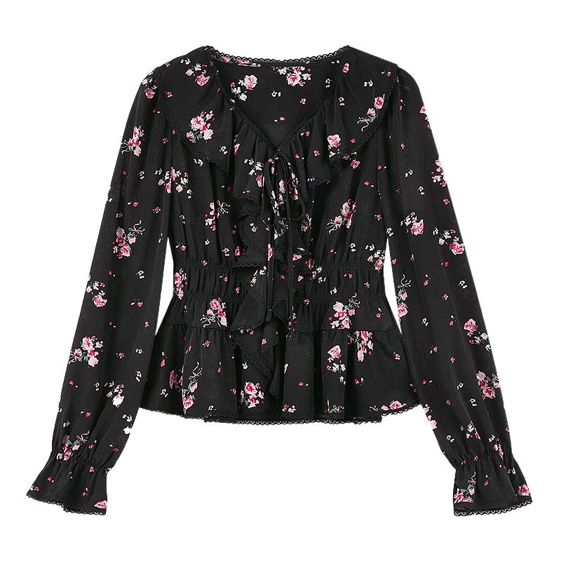Elegant Rose Print Ruffled V-Neck Chiffon Blouse L