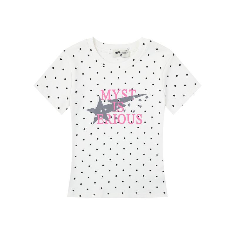 Fashion American Spice Girl Star Polka Dot Shoulder Short Sleeve T-Shirt Women s Summer Design Slim Short Niche Top S белый