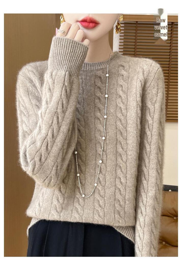 2024 Autumn/Winter Women's Cable Knit Wool Sweater – Thick, Versatile, Seven-Needle Round Neck Base Layer Fashion.