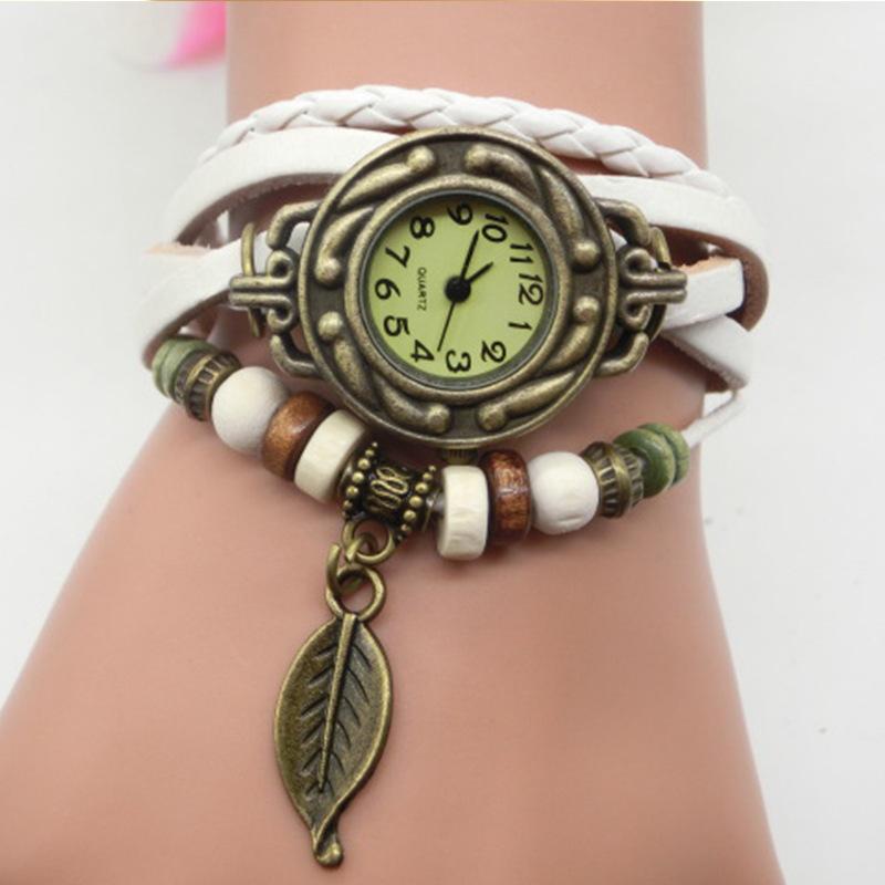 Vintage Blattuhr, Handgeflochtene Bronze Vielseitige Vintage Leder Damen Armbanduhr 795