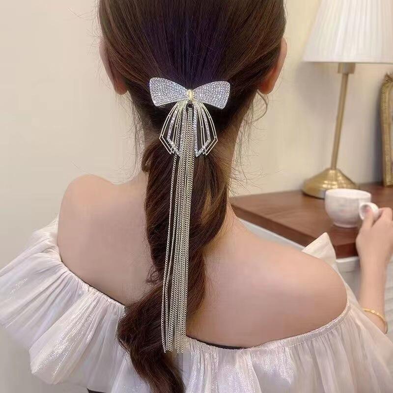 New Fashion Bow Tassel Hair Clips for Women Delicate Sparkly Rhinestone Ponytail Hairpin Large Size Headwear Hair Accessories