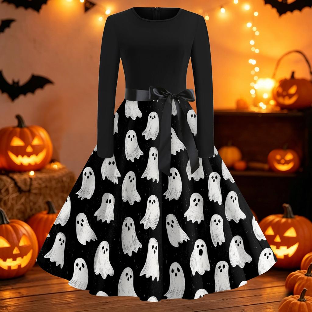 Women's Vintage Halloween Print Round Neck Casual Dress for Everyday Wear
