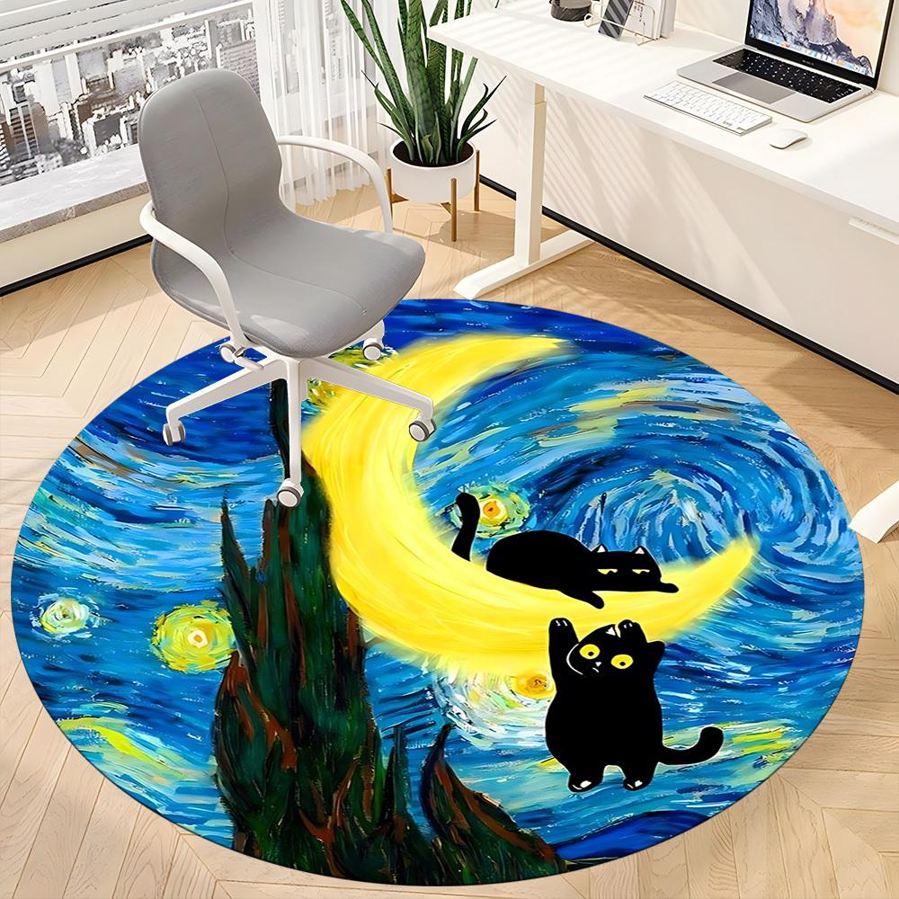 1pc Moon Cats Office Round Area Rug, Under Office Chairs Bedroom Living Room Home Decor, Room Deco, Available In Various Sizes