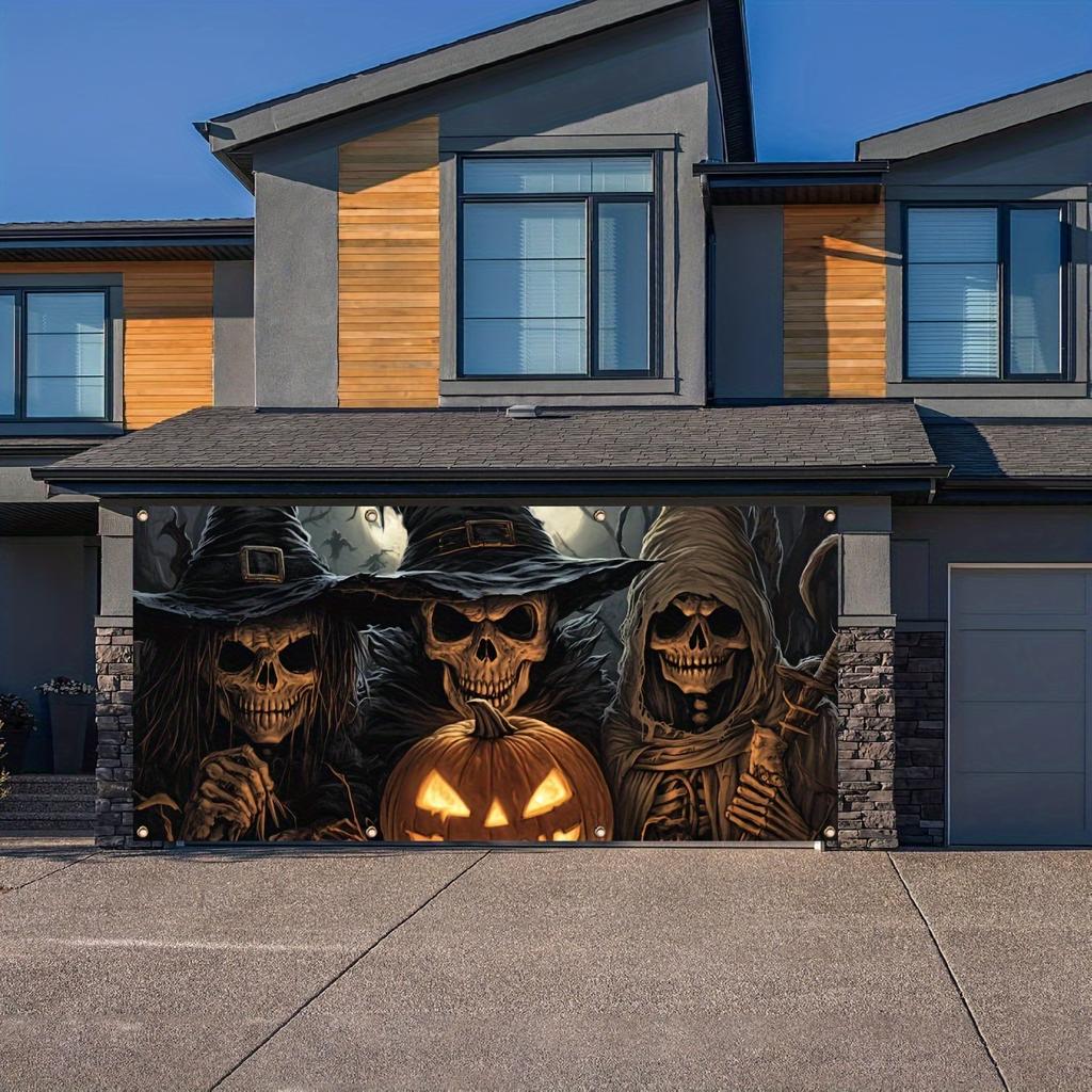 1 Piece Halloween Garage Banner Three Skeleton Wizards Evil Staring At You In the Background Party Atmosphere Background