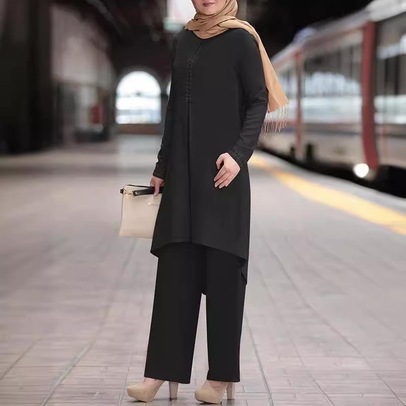 Γυναικείο Σετ Μπλούζα με Δαντέλα και Στρογγυλή Λαιμόκοψη και Μακρύ Παντελόνι